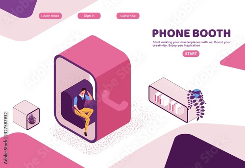 Phone booth isometric vector illustration, man in conversation room, individual workspace, modern office people, graphic vector illustration, landing page template