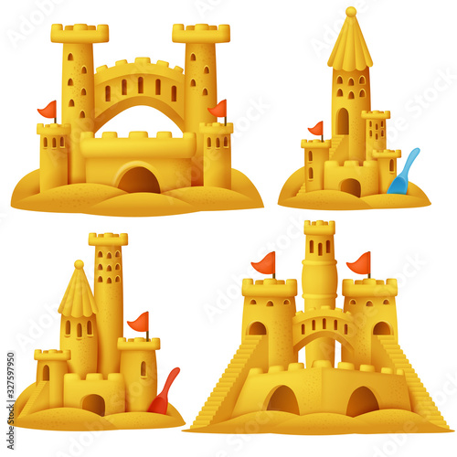 Sand castle cartoon set. Beach sculpture buildings. photo