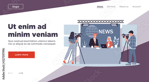 Couple of news anchors. Cameramen, presenters on breaking news background flat vector illustration. TV show, channel, broadcasting concept for banner, website design or landing web page