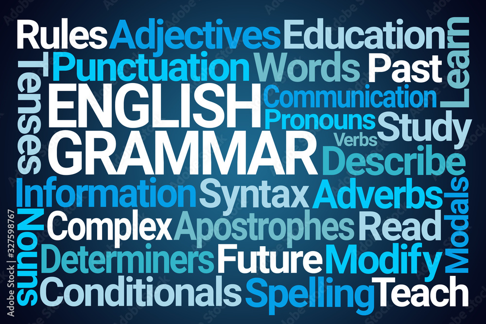 English Grammar Word Cloud on Blue Background English Grammar Word Cloud on Blue Background