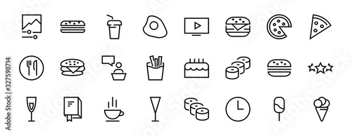   A simple set of fast food icons related to the vector line. Contains icons such as pizza, burger, sushi, bike, scrambled eggs and more. EDITABLE stroke. 480x480 pixels perfect, EPS 10