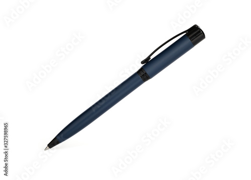 Closeup metal ballpoint pen isolated on white background with clipping path, perspective view