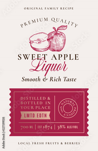 Family Recipe Apple Liquor Acohol Label. Abstract Vector Packaging Design Layout. Modern Typography Banner with Hand Drawn Apples with a Slice Silhouette Logo and Background.
