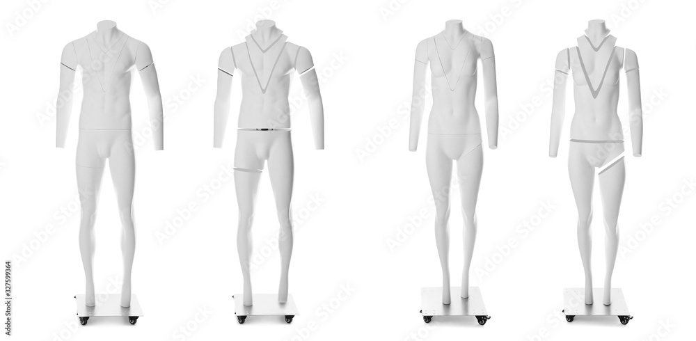 Set of ghost headless mannequins with removable pieces on white