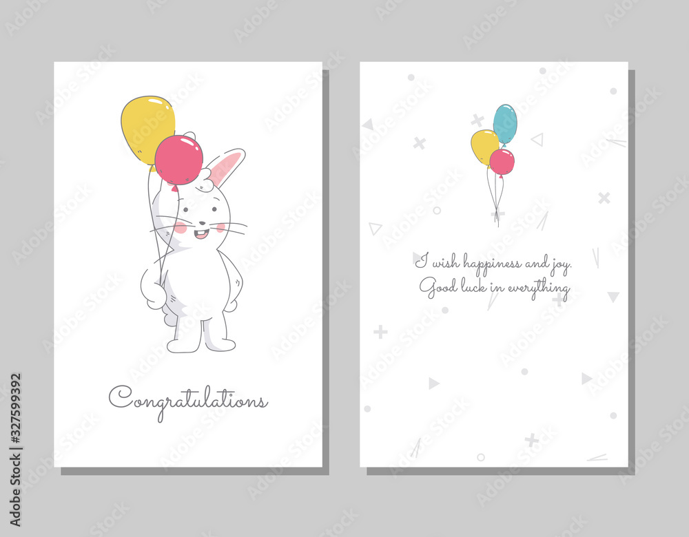 Two banners with funny cute bunny. Hand drawn rabbit seated with color balloon and color balloons. Vector illustration in flat style