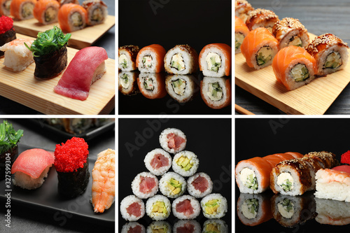 Collage with photos of delicious sushi and rolls
