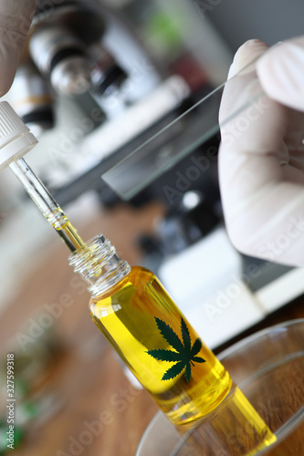 Hemp oil sample for examination under microscope. Determine quality hemp oil introduced into production dietary products. Cannabis disease medical study. Importance consuming organic fatty acids
