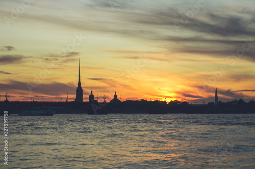 Silhouette of Peter and Paul Fortress in Saint Petersburg at sunset © Irina