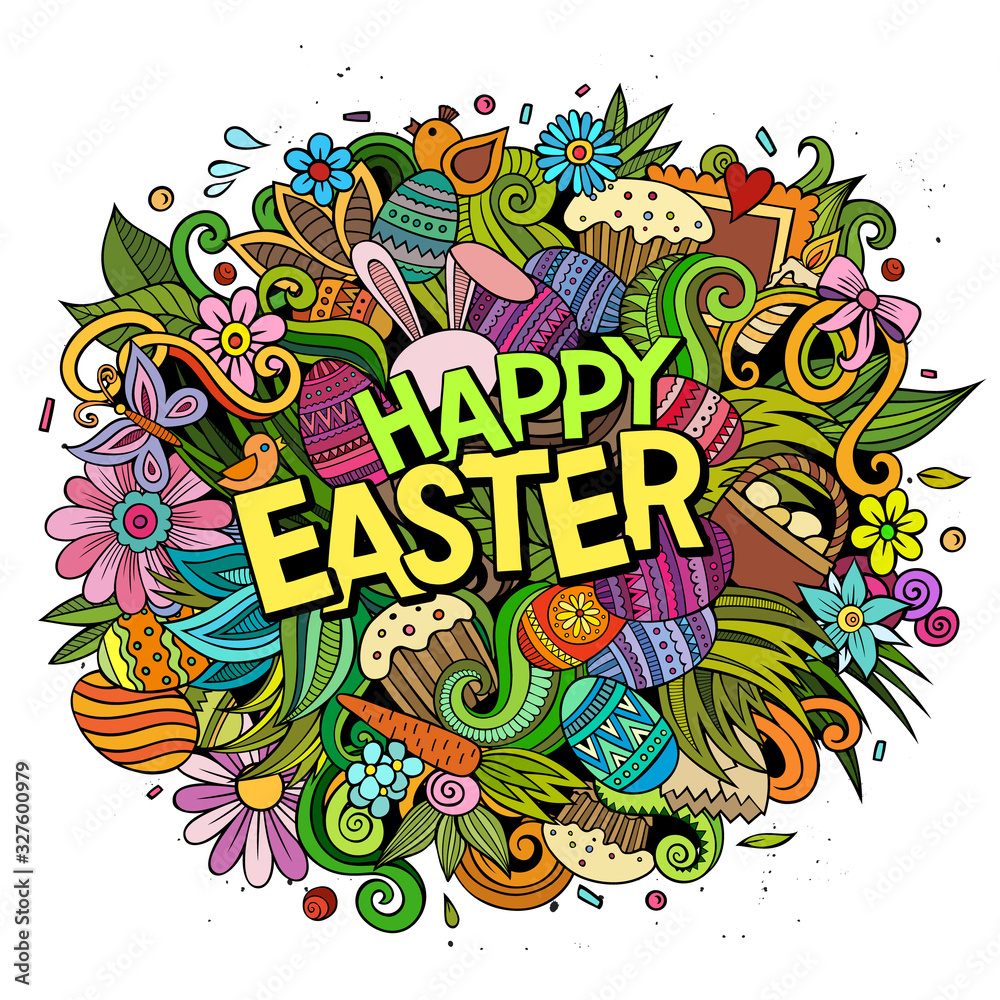 Happy Easter hand drawn cartoon doodles illustration.