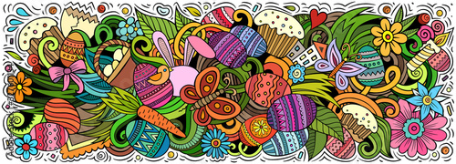 Happy Easter hand drawn cartoon doodles illustration.
