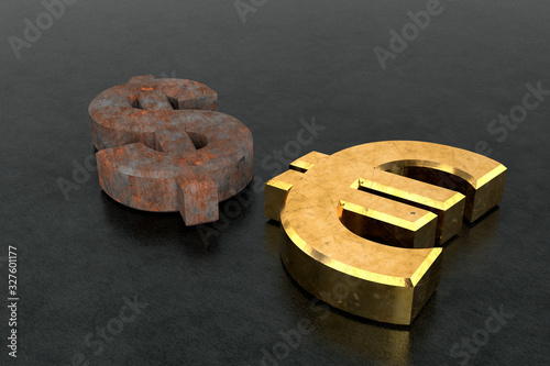 Rusty dollar sign and golden euro dollar sign. 3D rendering.