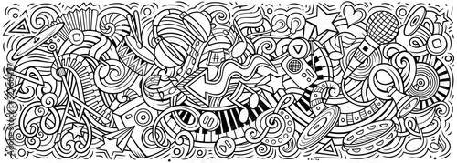 Music hand drawn cartoon doodles illustration. Colorful vector banner