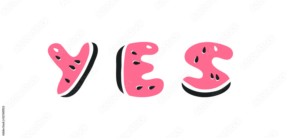 Naklejka premium Watermelon ABC. Cartoon vector illustration fruits font. Hand drawn drawing vegetarian food. Actual Creative Vegan art work. Watermelon ABC and word
