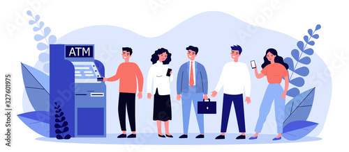 Queue of bank clients standing at ATM. People standing in line for using their credit card for transactions. Vector illustration for finance, money withdraw, currency concept