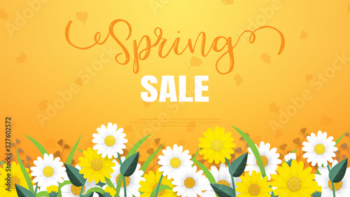 Spring sale template with shasta disy on orange background.illustration banner for advertising and web sites. photo