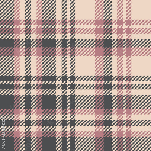 Plaid pattern seamless vector texture. Large striped asymmetric tartan check plaid background in pink, grey, and beige for flannel shirt, blanket, throw, duvet cover, or other modern textile design.
