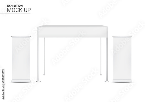 3D Mock up Realistic Tent Kiosk Booth With Banner POP for Sale Marketing Promotion on Background Illustration. Event and Exhibition Concept Design.