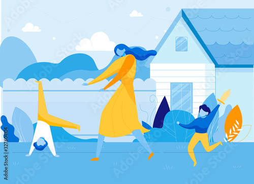 Mother with Hyperactive Children on House Backyard Flat Cartoon Vector Illustration. Parent Trying to Catch Kid Standing Uside Down. Son Running with Sword. Characters with Bad Behaviour Outdoor.