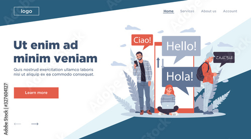 Online multi language translator flat vector illustration. Smartphone with translation app. People learning foreign language via mobile service concept.
