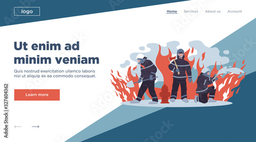 Firefighters vector illustration. Group of men in protective clothes with tools extinguishing fire. Firemen team for aid, safety, rescuing, training concept