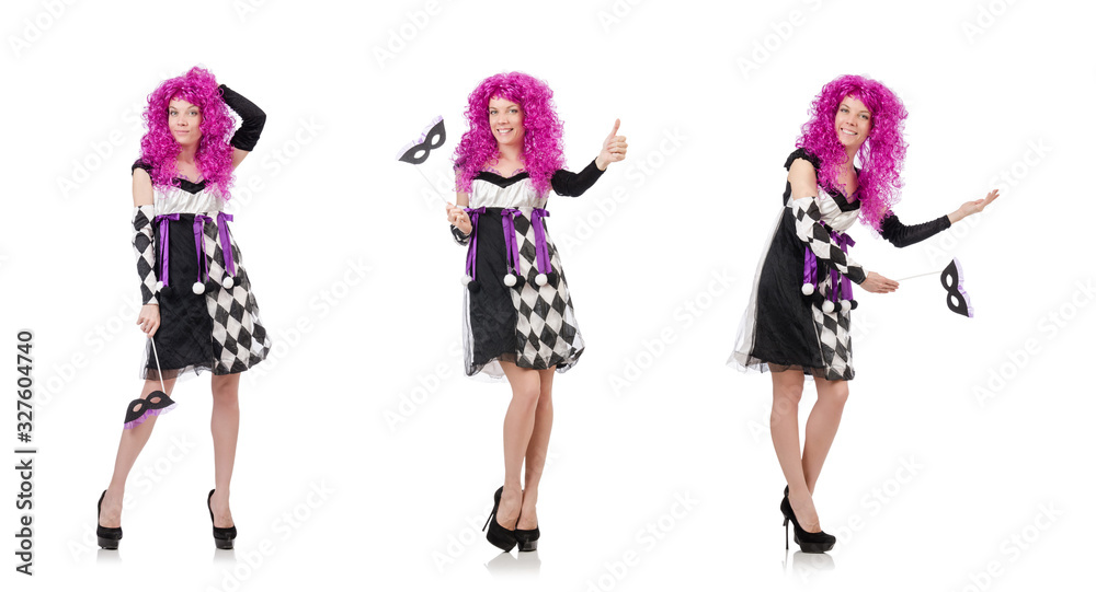 Pretty girl in jester costume isolated on white Pretty girl in jester costume isolated on white