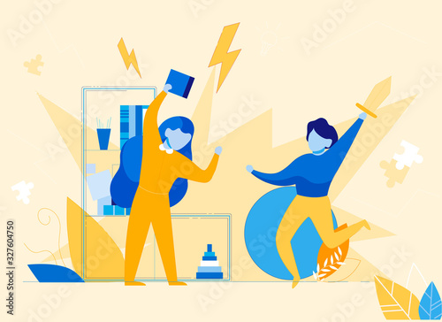 Children Conflict, Fighting and Quarreling Brother and Sister. Family Junior Generation Problems. Hyperactivity, Aggression and Discipline Lack, Bad Uncontrolled Behavior. Flat Vector Illustration.
