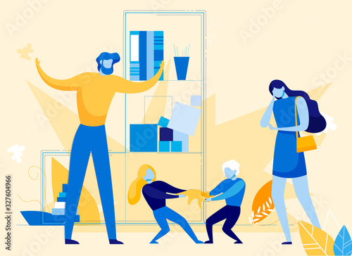 Children Bad Behavior and Hyperactivity, Psychological Mental Problem or Disorder Symptom. Brother and Sister Fight over Toy and Parents Angry and Disappointed with Conflict. Flat Vector Illustration.