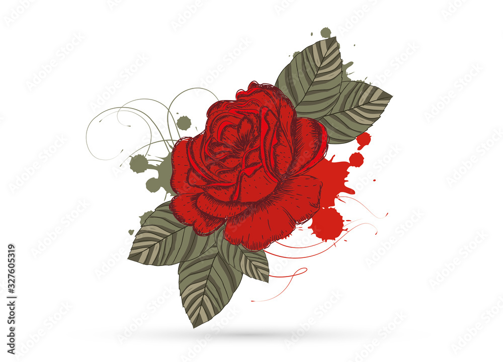 Zeichnung einer roten Rose mit Blätter