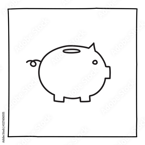 Doodle piggy bank icon or logo, hand drawn with thin black line.