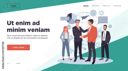 Global business partnership flat vector illustration. International teamwork, negotiation and success concept. Two partners shaking hands and making agreement.