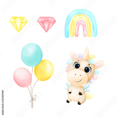 watercolor cute unicorns, rainbow, balloons, diamonds isolated on a white background. Cute illustration, baby shower