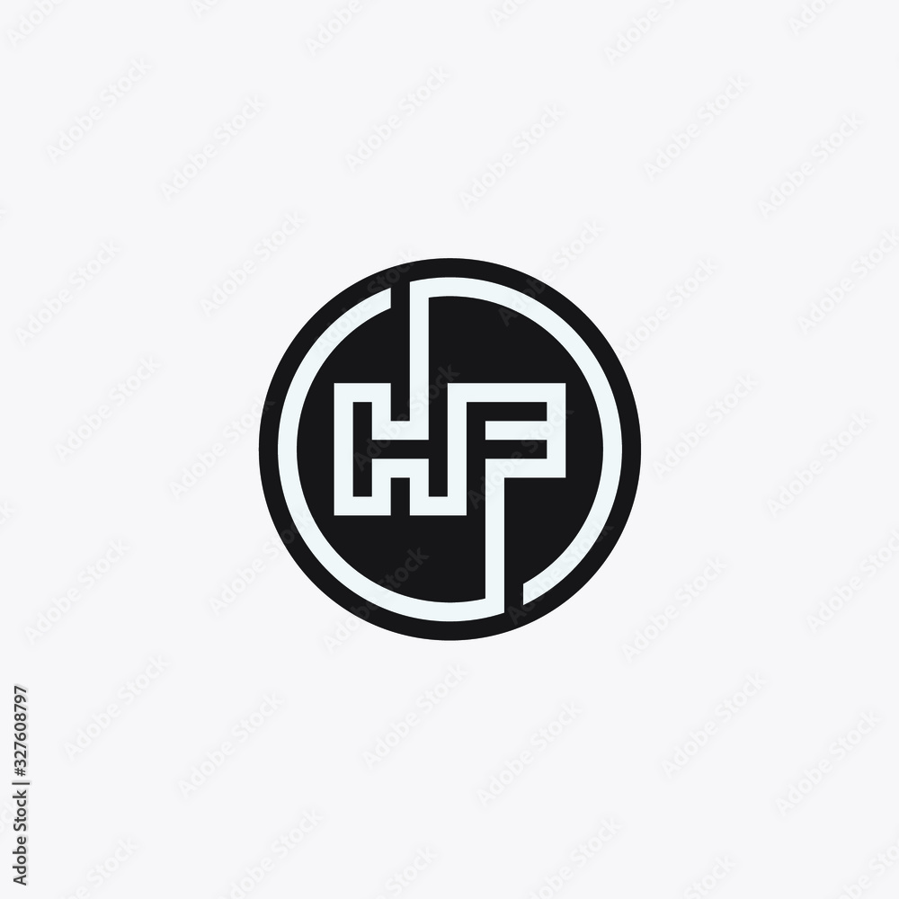 HF monogram logo inside circle frame. H and F interlocked logotype. HF black and white emblem. HF monogram logo inside circle frame. H and F interlocked logotype. HF black and white emblem.