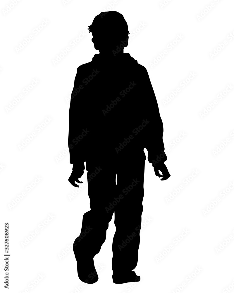 Little children in warm clothes are walking on street. Isolated silhouettes on white background