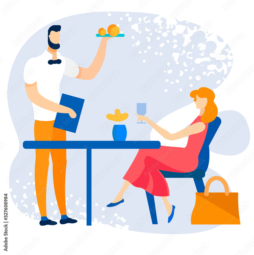 Fototapeta premium Bright Banner Order in Summer Cafe Cartoon Flat. Vector Illustration. Woman Spends her Holidays in Cafe. She want Place Order, so she Ask Passing Waiter Give her Menu. Waiter Serves Customer.
