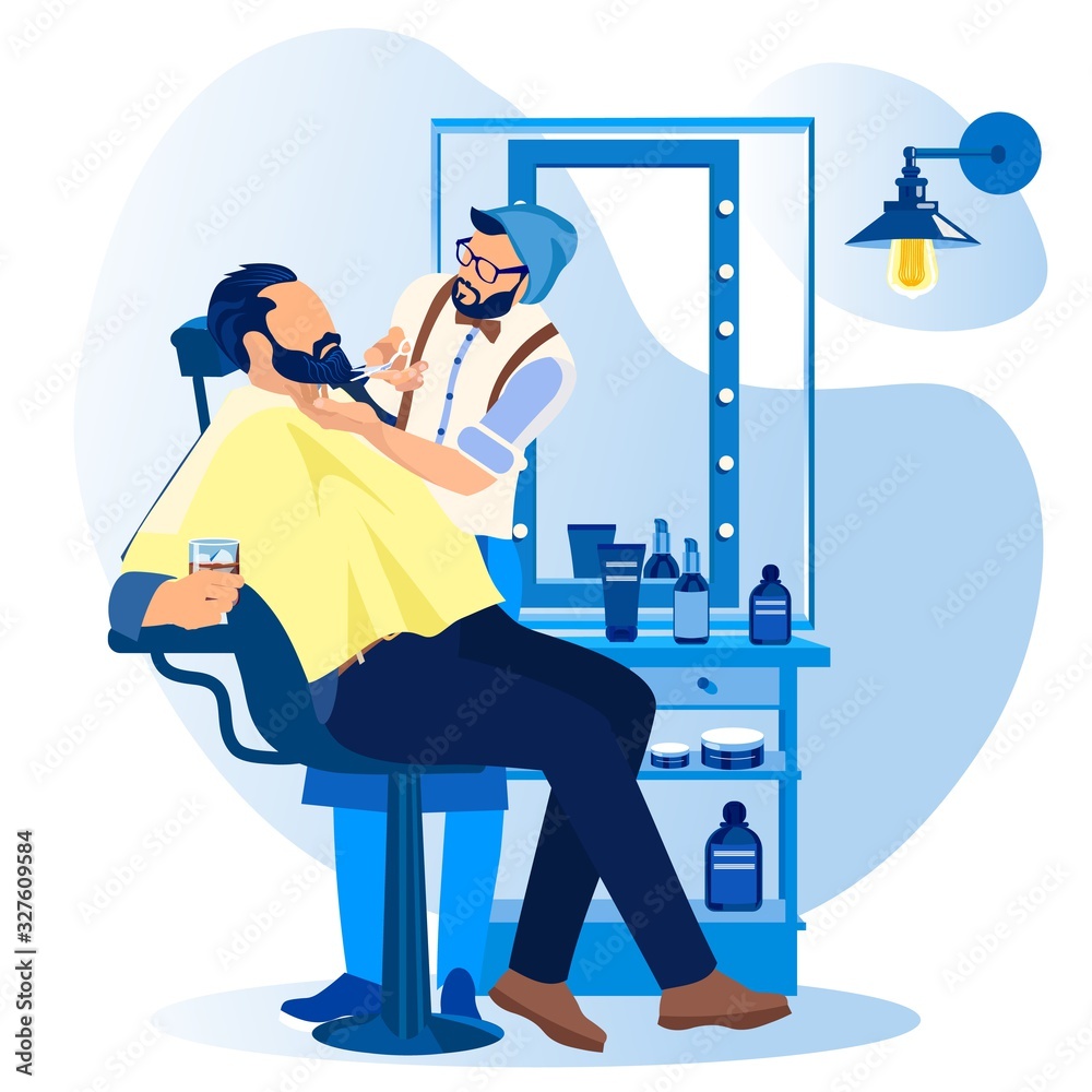 Haircutter Cutting Beard to Man Customer Sitting In Armchair with