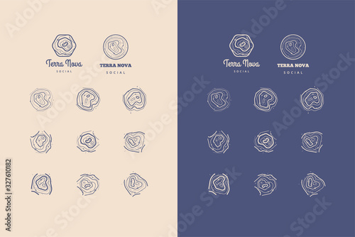 abstract vector set of minimalistic logos or tattoos with a map of the area. Cross section of the tree. photo