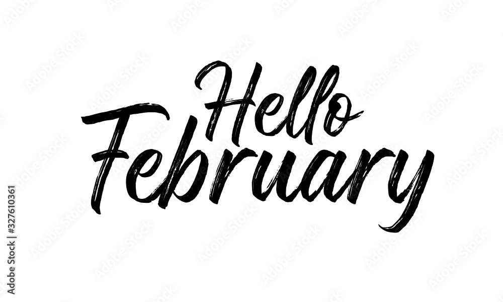 Hello February Inspirational lettering black color, isolated on white background. Vector illustration for posters,  banners, flyers, stickers, cards and more. Vector illustration. EPS10.