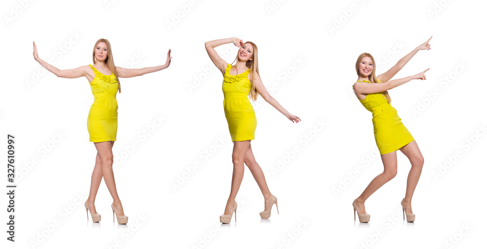 Pretty tall woman in short yellow dress isolated on white Pretty tall woman in short yellow dress isolated on white