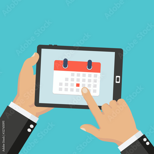 Calendar icon, schedule, planning app on smartphone screen. Hand holds tablet, finger touches screen. Modern concept for web banner, web site, infographic. Creative flat design vector illustration 