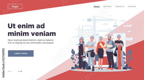 Builders, architect, engineer, foreman standing together. Positive professional team in hardhats with blueprints and tools working on construction site. Building works, job concept