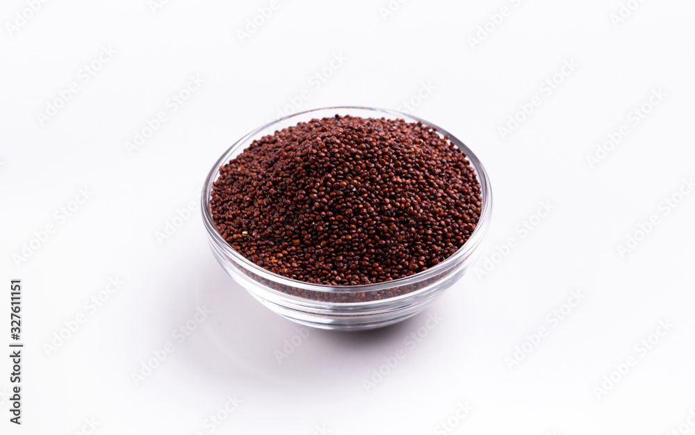 Millennials choose vegetable protein. Red quinoa In glass plate Millennials choose vegetable protein. Red quinoa In glass plate