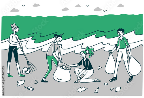 Young volunteers sorting litter on beach. People with rakes and plastic bags collecting trash at sea or ocean. Vector illustration for voluntary, environment, pollution