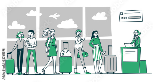 Line of tourists at airport check in counter. Queue of passengers waiting for registration to their flight. Vector illustration for tourism, trip, transportation concept