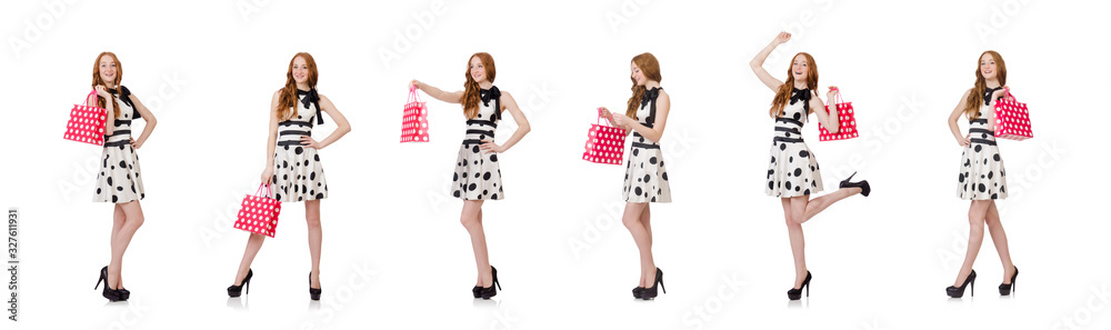 Young woman with shopping bags on white Young woman with shopping bags on white
