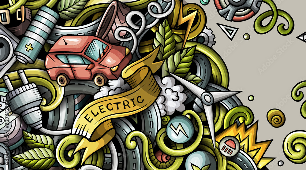 Electric cars hand drawn doodle banner. Cartoon detailed flyer.