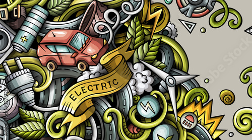 Electric cars hand drawn doodle banner. Cartoon detailed flyer.