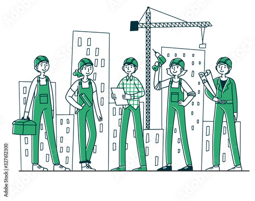 Team of builders working on construction site. Painter, engineer, foreman in helmets holding tools and blueprints at cranes and buildings. Vector illustration for teamwork, labor, occupation