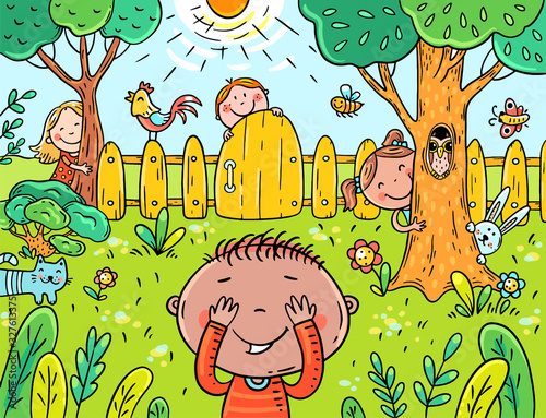 Cartoon children playing hide and seek in the garden