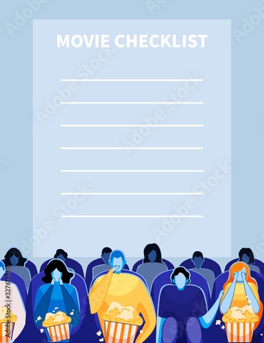 Movie Checklist with People Watching Film in Cinema Theater. Movie Festival Show Visits Planner or Wishlist. Most Important Cinematographic Events Dates Reminder. Flat Cartoon Vector Illustration.