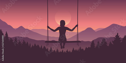 girl on a swing at beautiful purple mountain and forest landscape with rising sun vector illustration EPS10 © krissikunterbunt